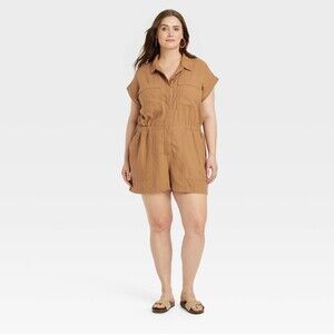 Universal Thread Short-Sleeve Utility Romper in Camel Brown 17